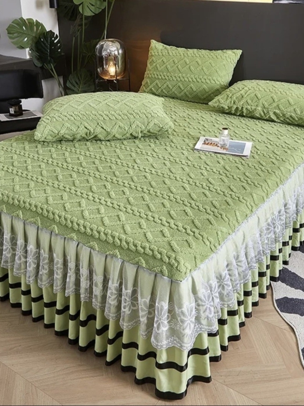 1 Piece Of Sheet Without Pillowcase. Textured Green Bedspread with Lace Skirt